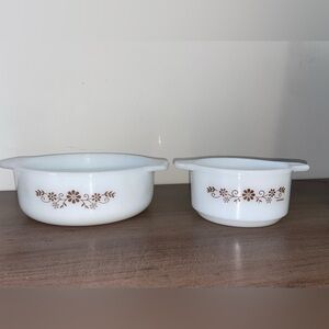 Vintage Dynaware Pyr-O-Rey Milk Glass Brown Daisy Casserole Doshes